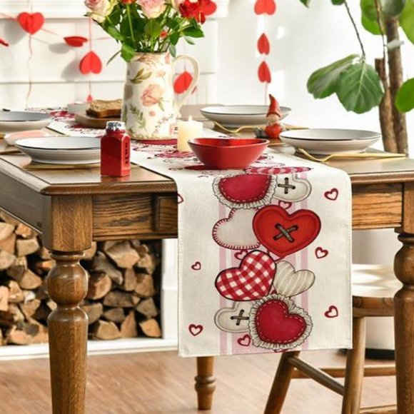 Valentines Day Table Runner Heart Dining Cloth Pink Red Farmhouse Cottage Decor - Picture 4 of 5